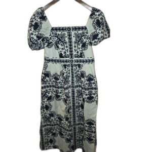 NWT Boden 6P Blue White Organic Cotton Midi Dress Petite Square Neck Pockets